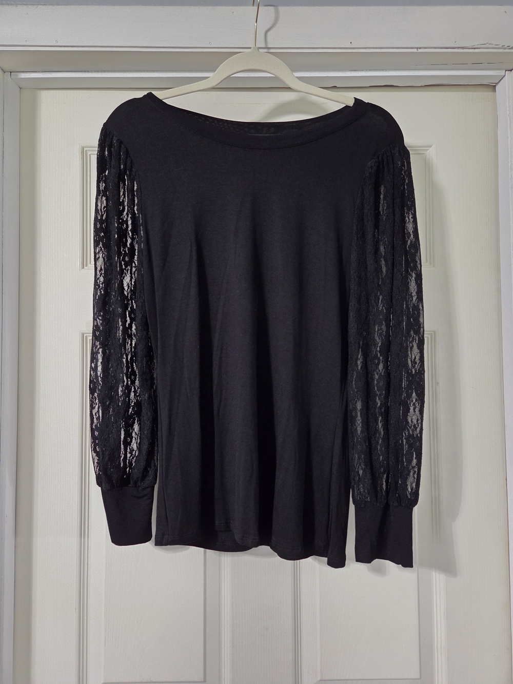 Adara Black Mixed Media Blouse with Semi-Sheer Lace Long Sleeves